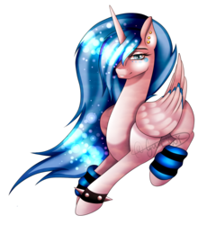 Size: 1054x1200 | Tagged: safe, artist:minelvi, oc, oc only, oc:moonbeam, alicorn, pony, alicorn oc, ear piercing, ethereal mane, female, galaxy mane, hair over one eye, horn, leg warmers, mare, piercing, prone, signature, simple background, solo, spiked wristband, transparent background, wings, wristband