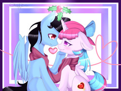 Size: 983x734 | Tagged: safe, artist:clefficia, oc, oc only, pegasus, pony, bow, clothes, female, hair bow, holly, holly mistaken for mistletoe, male, mare, oc x oc, scarf, shipping, stallion, straight