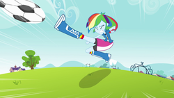 Size: 1920x1080 | Tagged: safe, screencap, rainbow dash, equestria girls, g4, ball, boots, clothes, compression shorts, female, field, football, goal, kick, skirt, solo, wristband