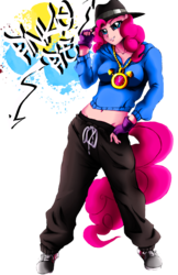 Size: 1024x1583 | Tagged: safe, artist:animeclaro, pinkie pie, equestria girls, g4, belly button, clothes, female, fingerless gloves, gloves, hat, jewelry, looking at you, midriff, necklace, ponied up, rapper, rapper pie, simple background, smiling, solo, transparent background