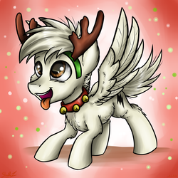 Size: 3024x3024 | Tagged: safe, artist:gaelledragons, oc, oc only, oc:bolt the super pony, pegasus, pony, behaving like a dog, bell, bell collar, bolt, collar, high res, jingle bells, ponified, reindeer antlers, solo, spread wings, tongue out