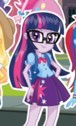 Size: 272x446 | Tagged: safe, screencap, applejack, pinkie pie, rainbow dash, rarity, sci-twi, twilight sparkle, equestria girls, g4, balloon, box art, bracelet, clothes, cropped, female, glasses, jewelry, skirt, you tried, youtube