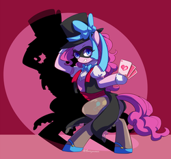 Size: 1850x1725 | Tagged: safe, artist:buryooooo, pinkie pie, earth pony, pony, g4, bipedal, card, clothes, female, hat, looking at you, mask, signature, solo, spotlight, thief, top hat