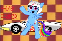 Size: 1877x1251 | Tagged: safe, artist:pinkamena-chan, rainbow dash, pony, g4, bipedal, car, female, foster's home for imaginary friends, helmet, mach 5, racecar, solo, speed racer