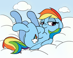 Size: 1280x1015 | Tagged: safe, artist:pabbley, color edit, edit, rainbow dash, pegasus, pony, g4, bedroom eyes, butt, cloud, colored, female, lying on a cloud, mare, on back, plot, simple background, solo
