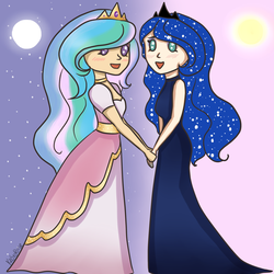 Size: 1024x1024 | Tagged: safe, artist:krotoreese, princess celestia, princess luna, human, g4, clothes, dress, duo, humanized, royal sisters