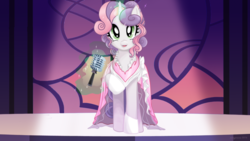 Size: 900x506 | Tagged: safe, artist:morgwaine, sweetie belle, pony, unicorn, fanfic:daughter of discord, g4, clothes, disney fanatic, dress, female, front view, full face view, glowing horn, horn, looking at you, magic, mare, microphone, older, raised hoof, singing, smiling, solo, stage, standing