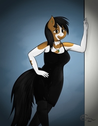 Size: 1557x2000 | Tagged: safe, artist:crimson, oc, oc only, oc:dawn sketch, earth pony, anthro, anthro oc, armpits, black, black dress, clothes, color, dress, female, mare, solo, stockings