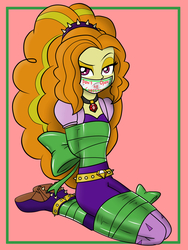 Size: 1600x2133 | Tagged: safe, artist:nivek15, adagio dazzle, equestria girls, g4, arm behind back, bondage, clothes, female, gag, gift tag, gift wrapped, hands behind back, headband, knee tied, looking at you, raised eyebrow, sitting, solo, spikes, tape gag, wrapped up
