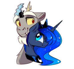 Size: 1600x1494 | Tagged: safe, artist:elementalokami, discord, princess luna, g4, crown, cute, discute, jewelry, male, regalia, ship:lunacord, shipping, simple background, smiling, straight, transparent background