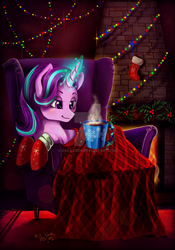 Size: 1024x1463 | Tagged: safe, artist:das_leben, starlight glimmer, pony, g4, blanket, blushing, chair, chocolate, christmas lights, clothes, female, fluffy, food, gloves, hearth's warming, hot chocolate, indoors, lidded eyes, magic, prone, smiling, solo, watermark
