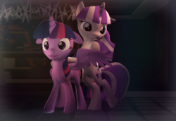 Size: 1567x1080 | Tagged: safe, artist:tizhonolulu, twilight sparkle, twilight velvet, alicorn, pony, g4, 3d, female, mother and daughter, remake, source filmmaker, spread wings, touch, twilight sparkle (alicorn)
