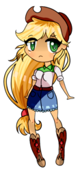 Size: 329x688 | Tagged: safe, artist:gummythedonut, applejack, equestria girls, g4, boots, chibi, clothes, cowboy boots, cowboy hat, cute, denim skirt, female, freckles, hat, skirt, solo, stetson