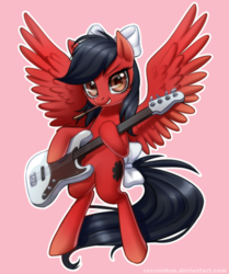 Size: 600x717 | Tagged: safe, artist:racoonsan, oc, oc only, oc:star spicer, pegasus, pony, bass guitar, bow, female, hair bow, mare, musical instrument, red hot chili peppers, simple background, solo, tail bow
