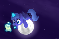 Size: 2160x1440 | Tagged: safe, artist:dtcx97, princess luna, alicorn, pony, g4, chips, crumbs, eating, female, filly, food, magic, moon, potato chips, prone, solo, stars, tangible heavenly object, telekinesis, woona, younger
