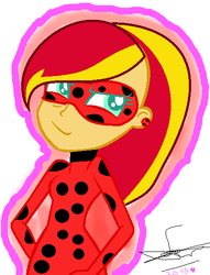Size: 436x571 | Tagged: safe, artist:sofiya2009, sunset shimmer, equestria girls, g4, alternate clothes, alternate hairstyle, crossover, female, miraculous ladybug, simple background, smiling, solo