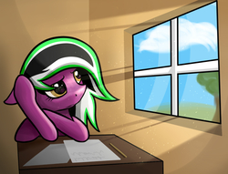 Size: 1180x900 | Tagged: safe, artist:marmorexx, oc, oc only, earth pony, pony, female, mare, school, solo, table, window