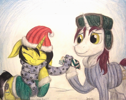 Size: 1316x1040 | Tagged: safe, artist:thefriendlyelephant, oc, oc only, oc:pauly sentry, oc:snowy do, pony, unicorn, box, clothes, coat, commission, cute, floppy ears, hat, paw prints, present, russian hat, santa hat, scarf, snow, snuggling, traditional art