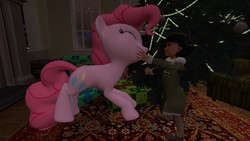 Size: 1366x768 | Tagged: safe, artist:horsesplease, pinkie pie, human, g4, 3d, christmas, christmas lights, christmas tree, cookie, eyes closed, food, gmod, happy, olivia mann, present, stroking, tree