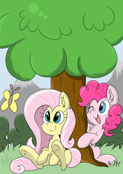 Size: 2456x3484 | Tagged: safe, artist:meowmavi, fluttershy, pinkie pie, butterfly, g4, duo, ear fluff, high res, looking at something, one eye closed, sitting, smiling, tree, under the tree, wink