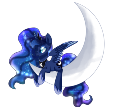 Size: 1752x1536 | Tagged: safe, artist:xxwhiteangelsxx, princess luna, pony, g4, female, moon, prone, simple background, smiling, solo, spread wings, tangible heavenly object, transparent background