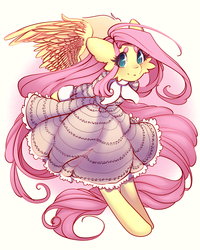 Size: 1024x1280 | Tagged: safe, artist:tolsticot, fluttershy, semi-anthro, g4, arm hooves, cheek fluff, clothes, cute, dress, female, flying, shyabetes, simple background, solo