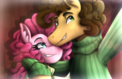 Size: 1879x1225 | Tagged: safe, artist:monnarcha, part of a set, cheese sandwich, pinkie pie, g4, clothes, hug, male, ship:cheesepie, shipping, straight, sweater