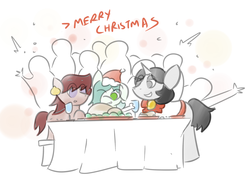 Size: 2642x1867 | Tagged: safe, artist:orbitalaerospace, oc, oc only, oc:anon, oc:emerald jewel, oc:joyride, oc:ruby rouge, earth pony, pony, turkey, unicorn, colt quest, adult, bowtie, celebration, child, christmas, colt, cooked, crowd, dead, ear piercing, earring, female, filly, foal, food, glass, grin, hair over one eye, happy, hat, horn, jewelry, male, mantle, mare, meat, piercing, plate, ponies eating meat, santa hat, smiling, text