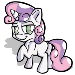 Size: 2500x2500 | Tagged: safe, artist:fillerartist, sweetie belle, pony, g4, blank flank, butt, female, high res, looking at you, plot, raised hoof, simple background, smirk, solo