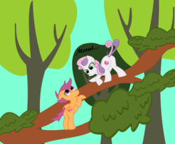 Size: 1601x1319 | Tagged: safe, artist:planetkiller, scootaloo, sweetie belle, pony, g4, behaving like a cat, behaving like a dog, butt, cute, cutealoo, cutie mark, diasweetes, female, filly, plot, the cmc's cutie marks, this will end in pain, this will end in tears and/or death and/or covered in tree sap, this will not end well