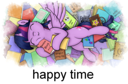 Size: 1219x800 | Tagged: safe, artist:flufflelord, edit, editor:sweetdudebbb5, derpy hooves, twilight sparkle, alicorn, pony, fallout equestria, g4, book, bookhorse, cuddling, eyes closed, female, mare in the moon, moon, pile of books, princess sleeping on books, snuggling, solo, spread wings, that pony sure does love books, twilight sparkle (alicorn)