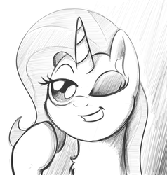 Size: 950x1000 | Tagged: safe, artist:yakoshi, trixie, pony, unicorn, g4, chest fluff, female, grayscale, lidded eyes, mare, monochrome, one eye closed, raised hoof, smirk, solo, wink