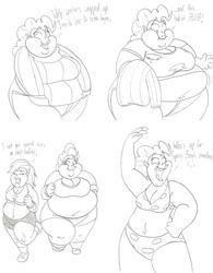 Size: 2516x3225 | Tagged: safe, artist:catstuxedo, pinkie pie, rainbow dash, human, g4, belly, belly button, big belly, bikini, breasts, chubby, chubby cheeks, cleavage, clothes, dialogue, double chin, fat, female, hearth's warming eve, high res, humanized, monochrome, obese, piggy pie, pudgy pie, rainblob dash, sweater, swimsuit, weight loss, wide hips