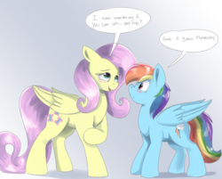 Size: 2630x2116 | Tagged: safe, artist:swiftsketchpone, fluttershy, rainbow dash, pegasus, pony, g4, blushing, casual vore, dialogue, embarrassed, female, fetish, high res, imminent vore, implied vore, lesbian, mare, ship:flutterdash, shipping, size difference, willing prey