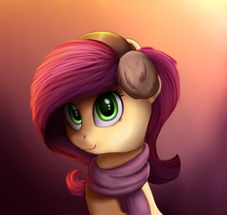 Size: 1633x1548 | Tagged: safe, artist:vanillaghosties, roseluck, pony, g4, alternate hairstyle, clothes, cute, earmuffs, female, looking at you, scarf, smiling, solo