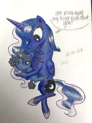 Size: 3024x4032 | Tagged: safe, artist:darkest-lunar-flower, princess luna, oc, oc:darkest lunar flower, alicorn, pony, unicorn, g4, adopted offspring, foal, high res, maternaluna, simple background, traditional art, white background