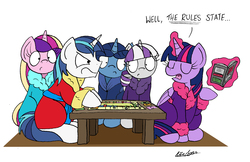 Size: 2301x1487 | Tagged: safe, artist:bobthedalek, night light, princess cadance, shining armor, twilight sparkle, twilight velvet, alicorn, pony, g4, angry, argument, bathrobe, clothes, dialogue, eyes closed, frown, levitation, magic, monopoly, open mouth, rules lawyer, simple background, sitting, table, telekinesis, this will end in tears, this will not end well, twilight sparkle (alicorn), white background