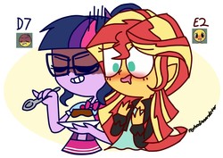 Size: 1233x872 | Tagged: safe, artist:psychodiamondstar, sci-twi, sunset shimmer, twilight sparkle, equestria girls, g4, cake, clothes, emoji, eyes closed, female, food, glasses, grin, hungry, lesbian, ship:sci-twishimmer, ship:sunsetsparkle, shipping, smiling, spoon