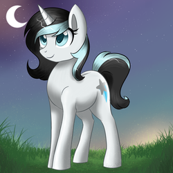 Size: 1280x1280 | Tagged: safe, artist:mlp-firefox5013, oc, oc only, pony, unicorn, commission, crescent moon, cute, female, grass field, mare, moon, smiling, solo