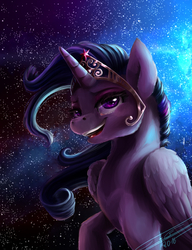 Size: 1000x1300 | Tagged: safe, artist:yummiestseven65, twilight sparkle, alicorn, pony, g4, alternate hairstyle, crown, element of magic, female, jewelry, open mouth, raised hoof, regalia, signature, smiling, solo, space, stars, twilight sparkle (alicorn)