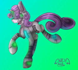 Size: 4325x3882 | Tagged: safe, artist:midnight-the-pony, sweetie belle, pony, robot, robot pony, unicorn, g4, absurd resolution, female, filly, foal, gradient background, hooves, horn, open mouth, signature, solo, sweetie bot