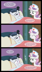 Size: 1352x2301 | Tagged: safe, artist:lunaticdawn, rumble, sweetie belle, pegasus, pony, unicorn, g4, ^^, bed, blushing, cold, colt, comic, cutie mark, eyes closed, female, filly, foal, levitation, magic, male, needle, nurse, nurse outfit, pillow, red nosed, sick, syringe, telekinesis, the cmc's cutie marks, this will end in pain, this will not end well