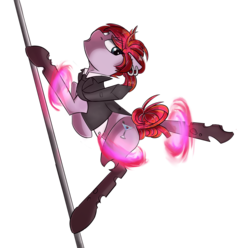 Size: 2001x1986 | Tagged: safe, artist:beardie, oc, oc only, oc:love poison, changeling, changeling magic, changeling oc, clothes, female, legs 4 days, mare, simple background, solo, stick m' leggy out rly far, stripper, stripper pole, transformation, transparent background