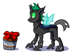 Size: 3500x2607 | Tagged: safe, artist:virmir, oc, oc only, oc:shifting sands, changeling, changeling oc, green changeling, high res, present, putty, simple background, solo, spackle, transparent background