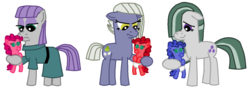 Size: 1024x360 | Tagged: safe, artist:freshlybaked2014, limestone pie, marble pie, maud pie, oc, oc:blueberry pie, oc:cherry pie, oc:raspberry pie, pony, g4, baby, baby pony, cute, holding a pony, offspring, parent:cheese sandwich, parent:pinkie pie, parents:cheesepie, pie sisters, simple background, tri pie triplets, triplets, white background