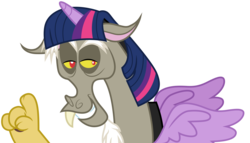 Size: 5230x3001 | Tagged: safe, artist:cloudy glow, discord, twilight sparkle, draconequus, g4, what about discord?, discord sparkle, high res, lidded eyes, male, narrowed eyes, raised finger, simple background, smiling, solo, transparent background, twilight wig, vector