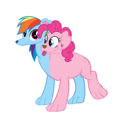 Size: 836x785 | Tagged: source needed, useless source url, safe, artist:theunknowenone1, pinkie pie, rainbow dash, dog, orthros, g4, conjoined, fusion, multiple heads, puppy pie, rainbow dog, simple background, species swap, two heads, white background