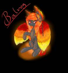 Size: 1728x1853 | Tagged: safe, artist:ruby dusk, oc, oc only, oc:balrog, pegasus, pony, chains, ear piercing, earring, female, fire, jewelry, piercing, raised hoof, solo