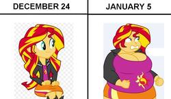 Size: 797x462 | Tagged: safe, artist:shitigal-artust, edit, sunset shimmer, equestria girls, g4, angry, bbw, belly, big belly, big breasts, breasts, busty sunset shimmer, christmas, cleavage, fat, female, meme, obese, slobset shimmer, weight gain, wide hips
