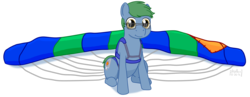 Size: 4000x1553 | Tagged: safe, artist:phallen1, derpibooru exclusive, oc, oc only, oc:software patch, earth pony, pony, glasses, harness, parachute, simple background, sitting, solo, tack, transparent background